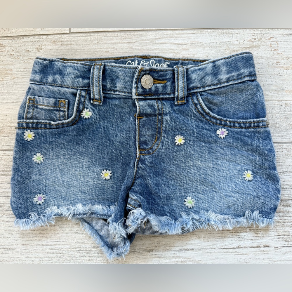 Cat & Jack Blue Denim Shorts with Floral Embroidery Size 4T